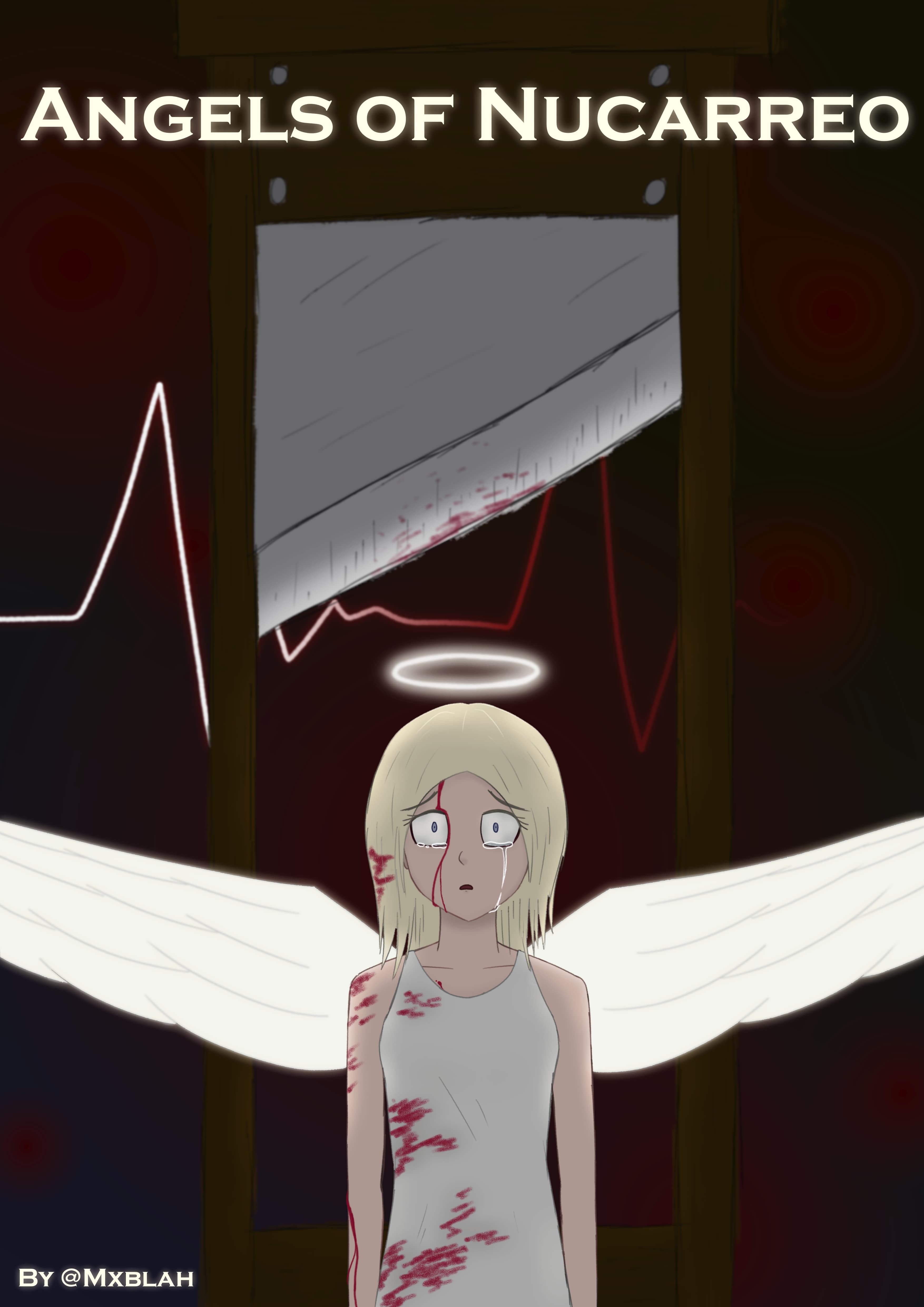 The bloodied Angel Jessamine stares forward in despair as a guillotine looms behind her.