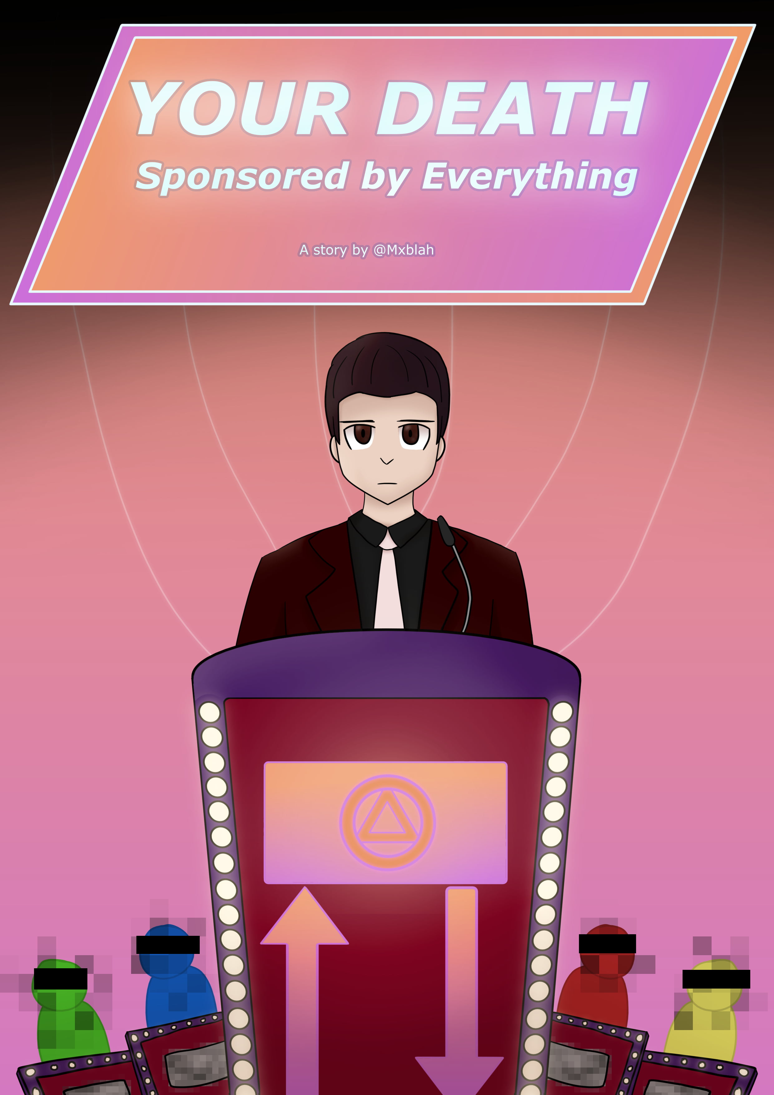 The gameshow host presides over four contestants, puppeted by strings from above.